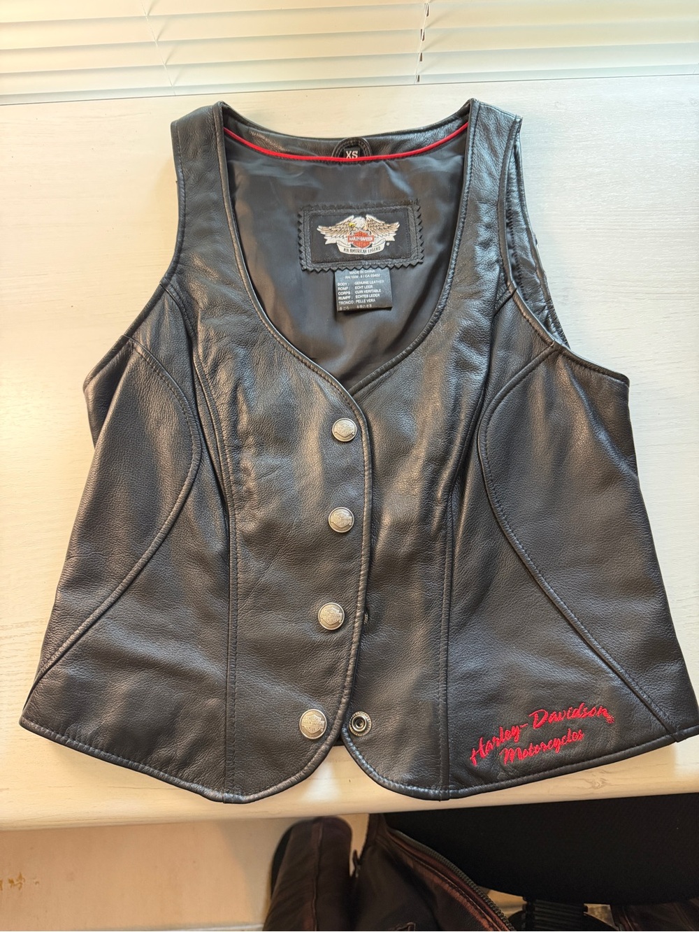 Harley-Davidson Black Leather Vest with Red Embroidery - Picture 1 of 8